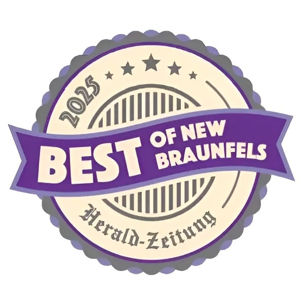 Best of New Braunfels 2025 Herald-Zeitung award seal, purple and cream.