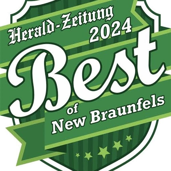 Green and white Herald-Zeitung 2024 Best of New Braunfels award badge with stars.