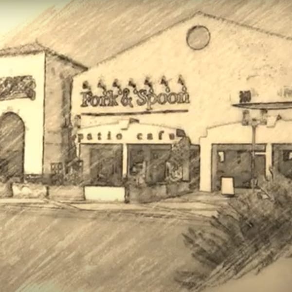 Sketch of the Fork & Spoon restaurant exterior with a patio cafe sign.