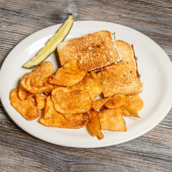 Golden grilled sandwich, crispy potato chips, and a pickle spear on a white plate.