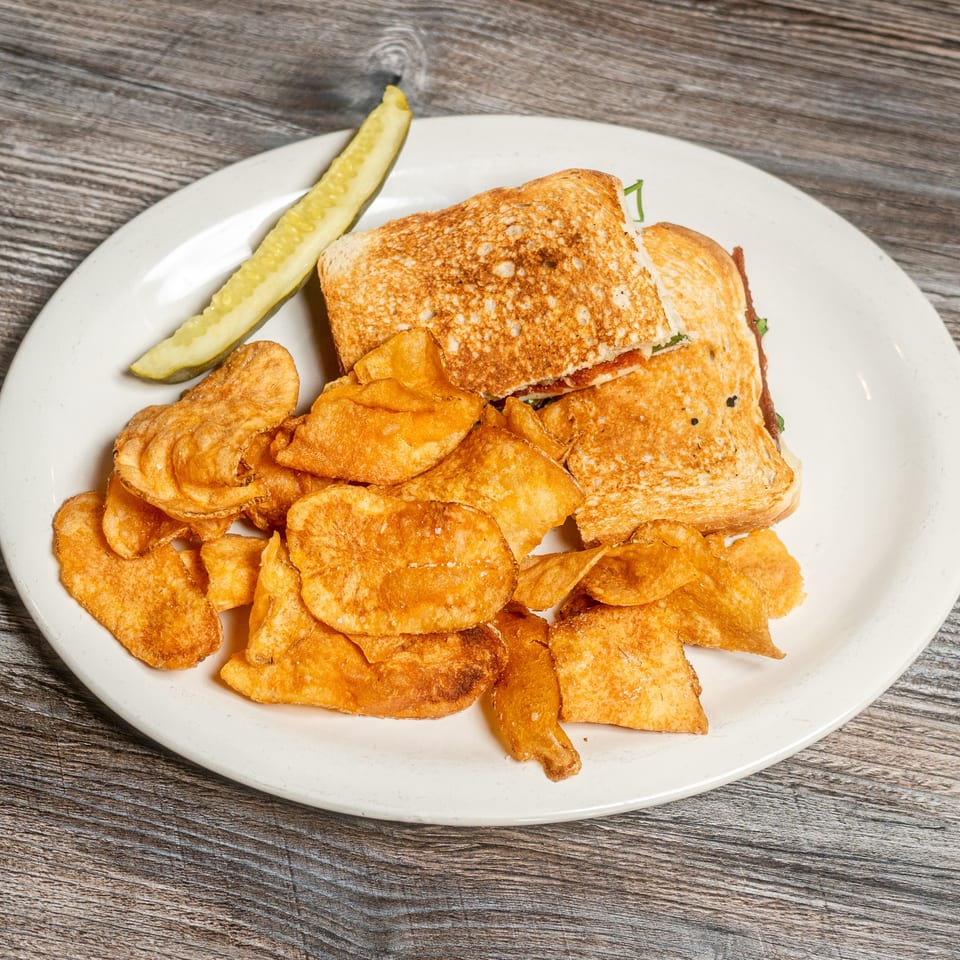 Golden grilled sandwich, crispy potato chips, and a pickle spear on a white plate.