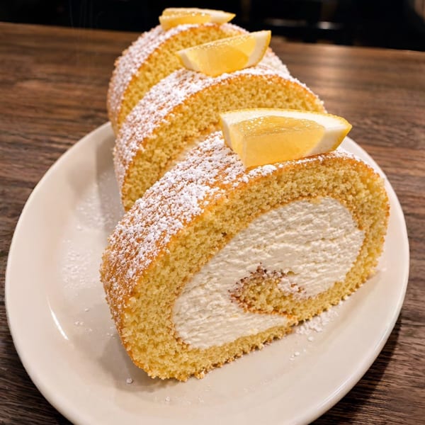 Lemon roll cake slices with powdered sugar and lemon wedges on a white plate.