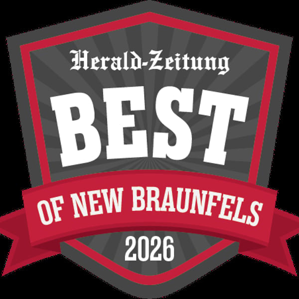 Herald-Zeitung Best of New Braunfels 2026 award badge in gray, red, and white.