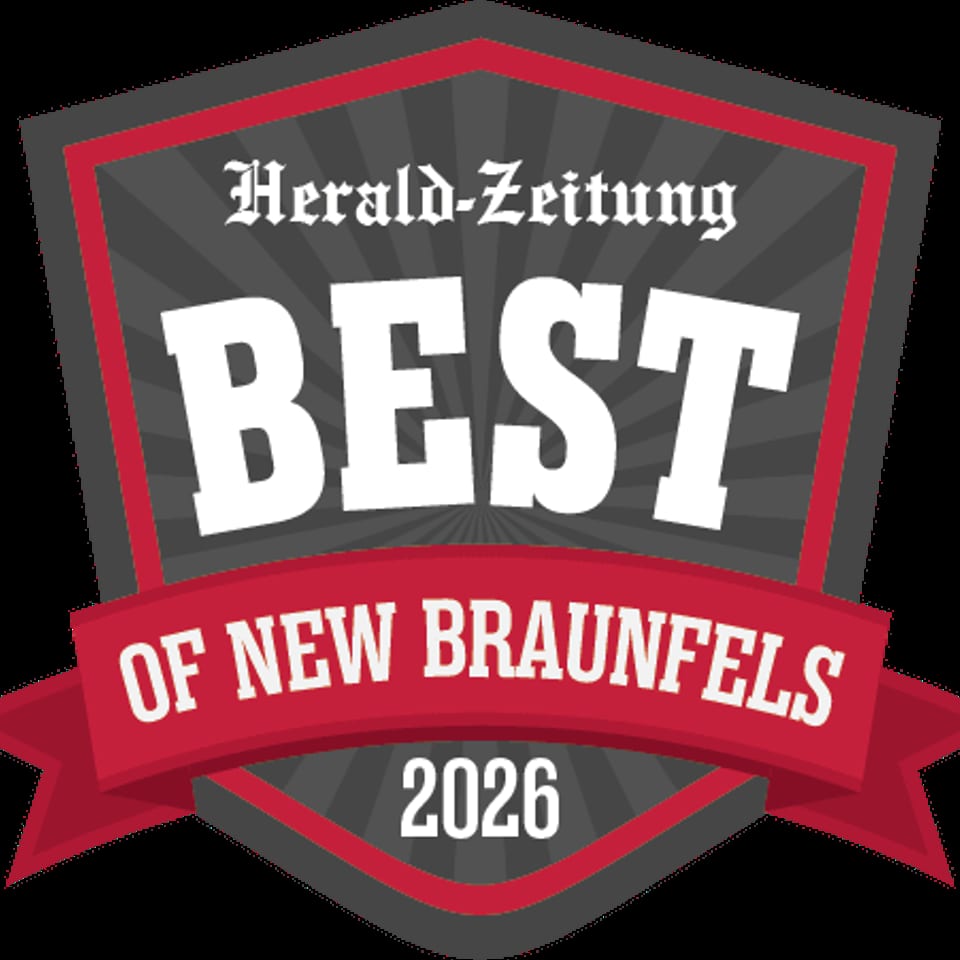Herald-Zeitung Best of New Braunfels 2026 award badge in gray, red, and white.